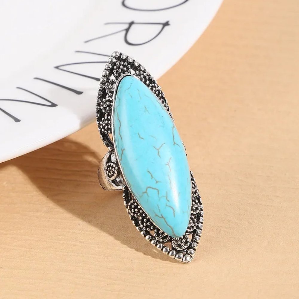 Western Southwestern Aged Silver & Turquoise Boho Statement Ring NEW